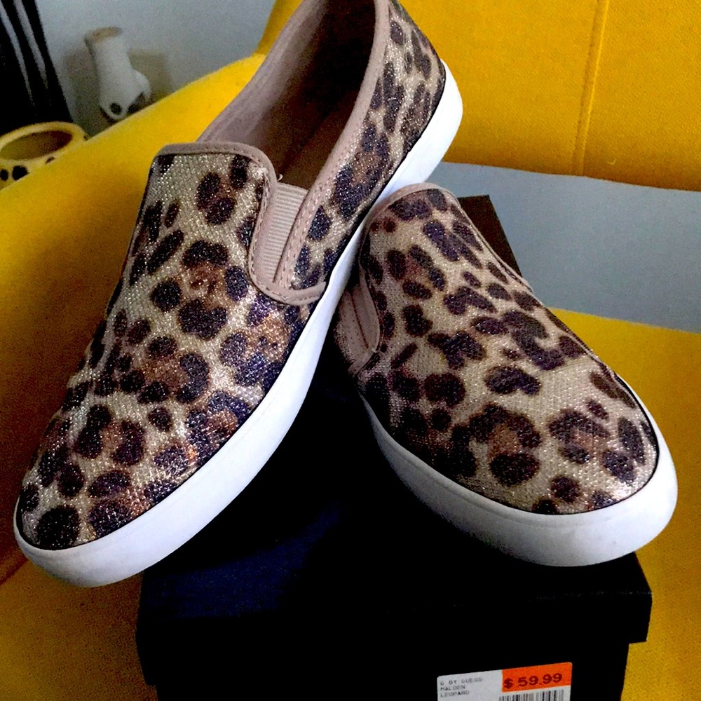 Guess gold fabric leopard print slip on shoes.